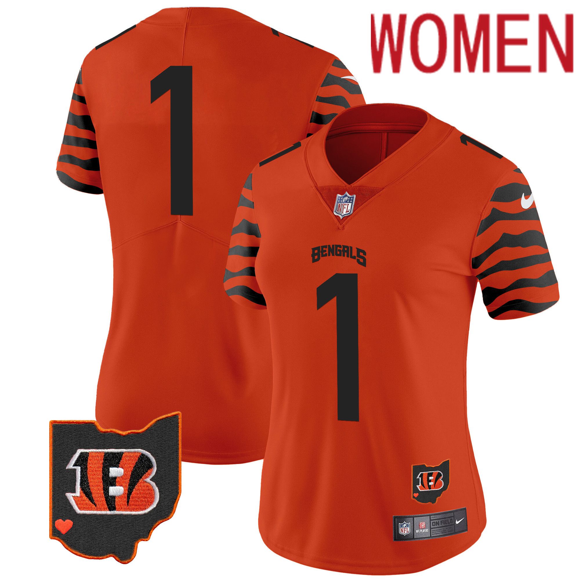 Women Cincinnati Bengals #1 Chase Orange 2024 Nike Stripes Vapor Limited NFL Jersey style 1